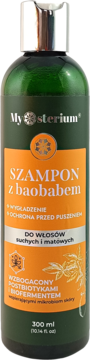 Zielony szampon Mysterium z baobabem, do włosów suchych i matowych, 300 ml, z pomarańczową etykietą, widok z przodu.