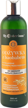 Mysterium odżywka z baobabem w zielonej butelce z pomarańczową etykietą, do włosów suchych i matowych, widok z przodu.