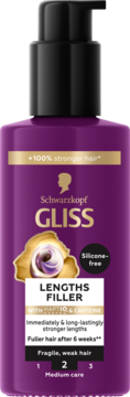 Fioletowy krem Gliss Lengths Filler w butelce z pompką, HAPTIQ i kofeina, bez silikonów, do włosów, widok z przodu.