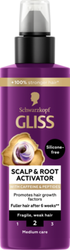 Schwarzkopf Gliss Scalp & Root Activator w fioletowej butelce z pompką, widok z przodu, dla włosów osłabionych.