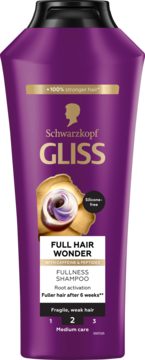Fioletowy szampon Gliss Full Hair Wonder, widok z przodu. Zawiera kofeinę i peptydy, zapewnia 100% mocniejsze włosy.