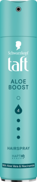Turkusowy lakier Schwarzkopf Taft Aloe Boost, poziom utrwalenia 4, z aloesem i niacynamidem, widok z przodu.