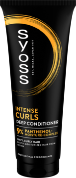 Syoss Intense Curls Deep Conditioner w czarnej tubce z 9% Pantenol-Kompleksem Nawilżającym, widok z przodu.