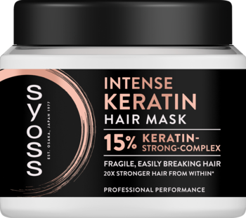 Syoss Intense Keratin Hair Mask, biały słoik z czarną etykietą i miedzianym akcentem, widok z przodu.
