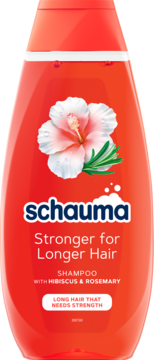 Schauma Stronger for Longer Hair Shampoo. Czerwona butelka z hibiskusem i rozmarynem, widok z przodu.