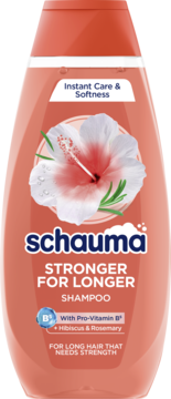 Szampon Schauma Stronger for Longer w brzoskwiniowej butelce z hibiskusem i rozmarynem, widok z przodu.