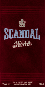 Ciemnoczerwone opakowanie perfum Jean Paul Gaultier Scandal dla mężczyzn, widok z przodu, srebrny napis SCANDAL i złota korona.