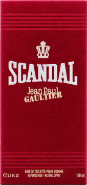 Czerwone opakowanie perfum Jean Paul Gaultier Scandal dla mężczyzn, widok z przodu, złota korona, 100 ml.