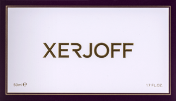 Pudełko męskiej wody perfumowanej Xerjoff Shooting Stars NIO, białe z fioletową ramką, złote logo, 50 ml.