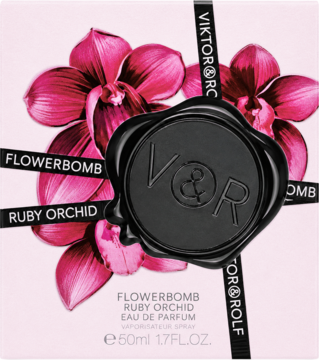 Pudełko perfum Viktor&Rolf Flowerbomb Ruby Orchid, różowe z fuksjowymi orchideami i czarną pieczęcią V&R.