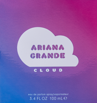 Opakowanie Ariana Grande Cloud, woda perfumowana 100ml. Fioletowo-niebieskie pudełko z białym logo chmury.