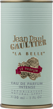 Miętowo-zielona puszka Jean Paul Gaultier La Belle Le Parfum Intense 30 ml, z wypukłym wzorem róż i złotym napisem.