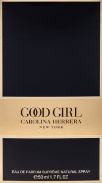 Czarno-złota woda perfumowana Carolina Herrera Good Girl Suprême 50ml w opakowaniu, widok z przodu.