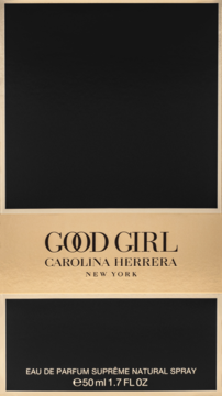 Eleganckie pudełko perfum Good Girl Suprême Carolina Herrera, czarno-złote, z czarnym napisem. Widok z przodu.