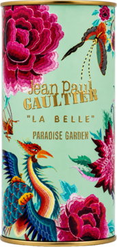 Opakowanie Jean Paul Gaultier La Belle Paradise Garden, miętowa puszka z wzorem rajskiego ogrodu i złotym napisem.