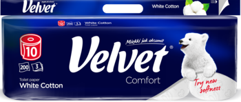 Ciemnoniebieskie opakowanie Velvet Comfort White Cotton papieru toaletowego, 10 rolek, z misiem polarnym.