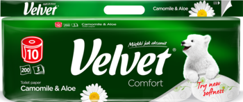 Zielone opakowanie papieru toaletowego Velvet Comfort Camomile & Aloe, 10 rolek, z misiem polarnym i logo Velvet.
