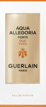 Złote opakowanie Guerlain Aqua Allegoria Forte Oud Yuzu, woda perfumowana, front z napisem i pomarańczową pszczołą.