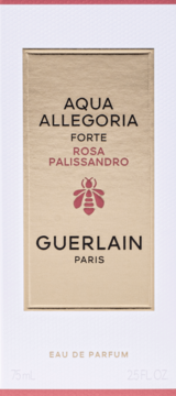 Białe pudełko Guerlain Aqua Allegoria Forte Rosa Palissandro z złotą etykietą i logo pszczoły.