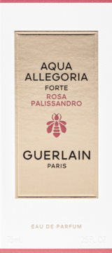 Guerlain Aqua Allegoria Forte Rosa Palissandro EDP 75ml, przód złoto-beżowego opakowania z różową pszczołą.