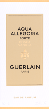 Guerlain Aqua Allegoria Forte Bosca Vanilla Eau de Parfum w beżowym pudełku, widok z przodu, z logo pszczoły.