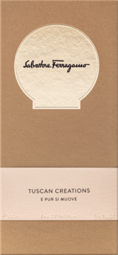 Front brązowego pudełka perfum Salvatore Ferragamo Tuscan Creations E Pur Si Muove z okrągłym logo.