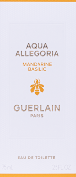 Biały kartonik perfum Guerlain Aqua Allegoria Mandarine Basilic EDT 75ml, z pszczelim logo, widok z przodu.