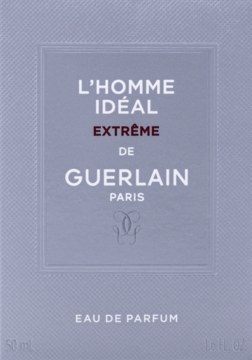 Pudełko perfum Guerlain L'Homme Idéal Extrême EDP, szare z czerwonym napisem EXTRÊME, widok z przodu.