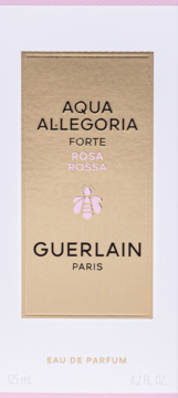 Złote opakowanie perfum Guerlain Aqua Allegoria Forte Rosa Rossa 125ml dla kobiet, z różową pszczołą.