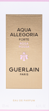 Złote opakowanie perfum damskich Guerlain Aqua Allegoria Forte Rosa Rossa 125ml, widok z przodu, z różową pszczołą na etykiecie.
