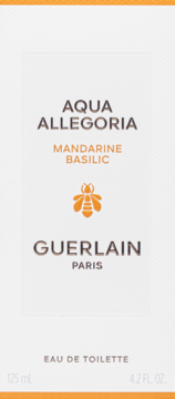 Przednie opakowanie Guerlain Aqua Allegoria Mandarine Basilic Eau de Toilette, biało-pomarańczowe z logo pszczoły.