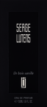 Pionowe czarne opakowanie perfum Serge Lutens Un Bois Vanille 50ml z białymi napisami i logo, przód.