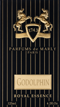 Luksusowa czarna butelka Parfums de Marly Godolphin Royal Essence, złote paski, wytłaczane logo koni, widok z przodu.
