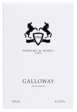 Białe opakowanie Parfums de Marly Galloway Eau de Parfum 125ml, z czarnym logo i napisem, widok z przodu.