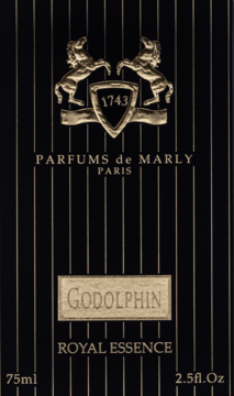 Eleganckie, czarno-złote opakowanie wody perfumowanej Godolphin Parfums de Marly z godłem i pionowymi pasami.