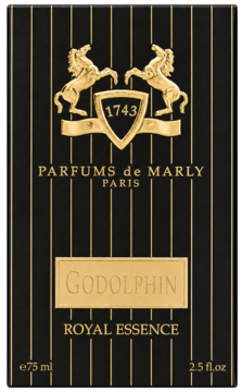 Czarne pudełko perfum Parfums de Marly Godolphin, złote pionowe paski, logo z dwoma końmi i napisem.