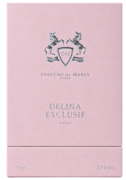 Parfums de Marly Delina Exclusif woda perfumowana dla kobiet w różowym pudełku z srebrnym herbem i napisami, widok z przodu.