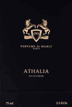 Czarne pudełko perfum Parfums de Marly Athalia 75 ml ze złotym herbem i napisem, widok z przodu.
