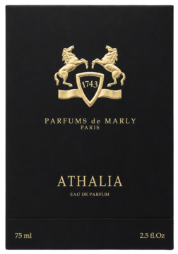 Czarne, matowe pudełko Parfums de Marly Athalia Eau de Parfum 75ml z logo w złocie, widok z przodu.