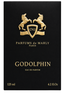 Czarne pudełko Parfums de Marly Godolphin Eau de Parfum 125ml, ze złotym logo koni i tekstem, widok z przodu.