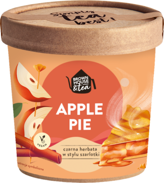 Czarna herbata liściasta Apple Pie w okrągłym, pomarańczowym pojemniku Brown House & Tea, z grafiką jabłek, widok z przodu.