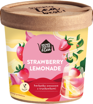 Brown House & Tea Strawberry Lemonade fruit tea w okrągłym, żółtym kartonie z truskawkami, widok z przodu.