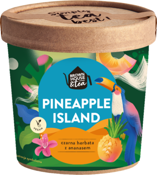 Brown House & Tea PINEAPPLE ISLAND, wegańska czarna herbata z ananasem, w zielonym opakowaniu z tukanem.