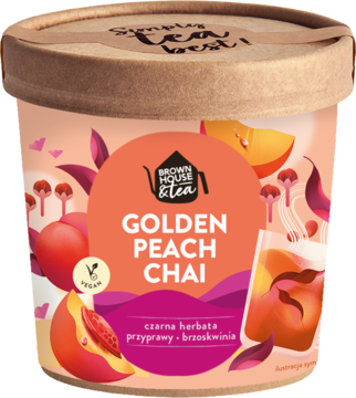 Wegańska herbata Golden Peach Chai Brown House & Tea w pomarańczowo-różowym opakowaniu z brzoskwiniami i przyprawami. Widok frontalny.