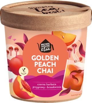 Wegańska herbata Golden Peach Chai Brown House & Tea w pomarańczowo-różowym opakowaniu z brzoskwiniami i przyprawami. Widok frontalny.
