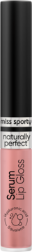 Miss Sporty Naturally Perfect Serum Lip Gloss, różowy, z kwasem hialuronowym, widok z przodu. Tubka z czarną nakrętką.