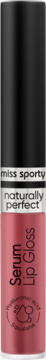 Miss Sporty Naturally Perfect Serum Lip Gloss, różowy, nawilżający, w pionowej buteleczce z czarną nakrętką, przód.