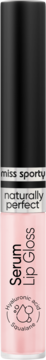 Miss Sporty Naturally Perfect Serum Lip Gloss różowy, z kwasem hialuronowym, czarna nakrętka, widok z przodu.