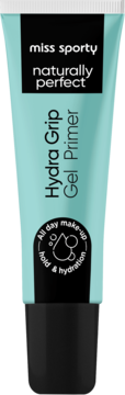 Miss Sporty Naturally Perfect Hydra Grip Gel Primer, jasnoniebieska tubka żelowej bazy z czarną nakrętką, widok z przodu.