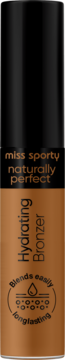 Miss Sporty Naturally Perfect Hydrating Bronzer, brązowa butelka z czarną nakrętką, widok z przodu z ikoną kropli.